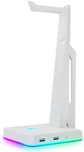 IFYOO RGB Gaming Headset Stand with 2 USB Ports, Game Headphone Mount for PC, Xbox One, PS4, Switch, Earphone Holder Hanger, Great for Gaming Stations, Fancy Desk Gamer Accessories, White by IFYOO