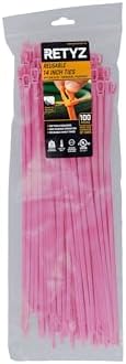 RETYZ 14-Inch Fluorescent Pink Reusable Releasable Cable Ties – 100 Pack, 50 lb Strength, Patented Quick-Release, Tool-Free Design for Home, Office, and Light Industrial Use by RETYZ