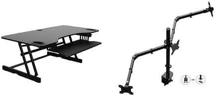 Rocelco 45" Height Adjustable Standing Desk Converter with Triple Monitor Mount and Slide Out Retractable Keyboard Tray - Sit Stand Up Three Screen Tabletop Riser Workstation - Black (R ADRB-45-DM3) by Rocelco