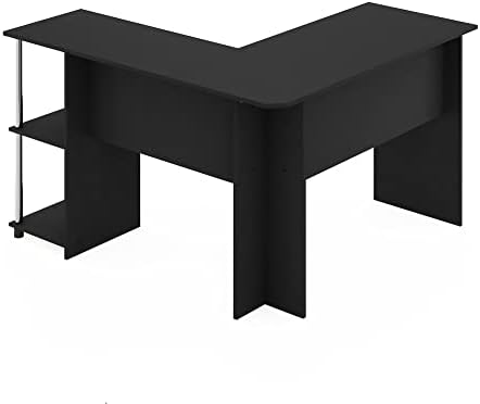 Furinno Abbott L-Shape Computer Desk with Stainless Steel Tubes Bookshelf, Americano/Chrome - Image 6