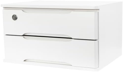 Wood Desk Organizer with 2 Drawers, Lockable Desktop Countertop Storage Cabinet for Home Office Supplies File Tabletop Organizing Unit (White) by iSamLam