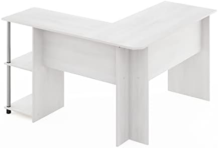 Furinno Abbott L-Shape Computer Desk with Stainless Steel Tubes Bookshelf, White Oak/Chrome - Image 6