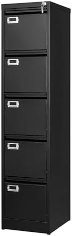 BYNSOE 5 Drawer File Cabinet with Lock Metal Vertical File Cabinet Office Home Vertical File Cabinet for A4 Legal/Letter Size Narrow File Cabinet Locked,Assembly Required by BYNSOE