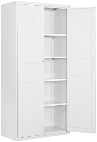 Fesbos Metal Storage Cabinet-71” Tall Steel File Cabinets with Doors and 5 Adjustable Shelves-White Steel Storage Cabinet for Home,Kitchen, School, Office, Garage by Fesbos