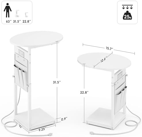 Vagusicc C Shaped End Table with Charging Station, 32" Tall Side Table for Couch and Recliner, Adjustable Height Small Couch Side Table Slide Under Sofa TV Tray Table for Living Room, Bedroom, White - Image 3