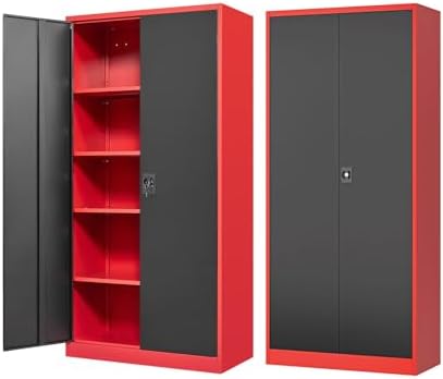 Fesbos Metal Storage Cabinet-72” Tall Steel File Cabinets with Lockable Doors and Adjustable Shelves-Black&Red Steel Storage Cabinet for Kitchen, Office, Garage by Fesbos