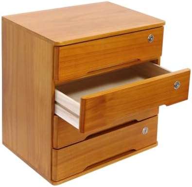 Lockable Desk Organizer Wooden Desktop Drawers Office Flat Files Storage Box Locking Countertop Storage Cabinet (Wood Yellow, 4-Tier) - Image 5