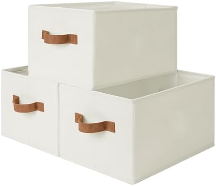 StorageWorks Closet Storage Bins with PU Handles, Beige, Large by StorageWorks