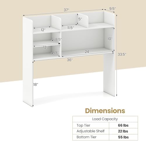 Tangkula Desktop Bookshelf for Computer Up to 32”, 37” Countertop Storage Hutch with 6 Storage Shelves, 3-Tier Desktop Organizer Display Rack, Wooden Desk Hutch for Dorm Home Office (White) - Image 2