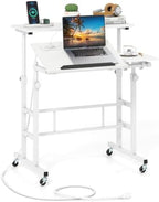 GIANTEX Mobile Standing Desk, Height Adjustable Stand Up Table with Wheels & Tilting Tabletop, Rolling Laptop Cart Computer Workstation for Standing or Sitting, Home Office Sit Stand Desk (White) by Giantex