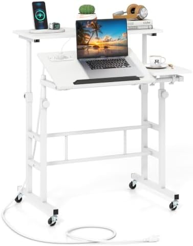 GIANTEX Mobile Standing Desk, Height Adjustable Stand Up Table with Wheels & Tilting Tabletop, Rolling Laptop Cart Computer Workstation for Standing or Sitting, Home Office Sit Stand Desk (White) by Giantex