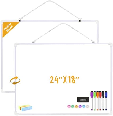 Dry Erase Board for Wall, 24" x 18" Double-Sided Hanging Magnetic Whiteboard with 6 Markers, 6 Magnets and 3 Mini Sticky Notes, Large White Board for Kids, School, Home, Office by Lumspax