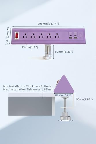 Desk Clamp Power Strip with Nightlight, 40W Fast Charging, 6FT Extension Cord, 4x20W USB-C & 2 USB Ports, 5 AC Outlets, Fits 1.69-Inch Table Edges - Image 7