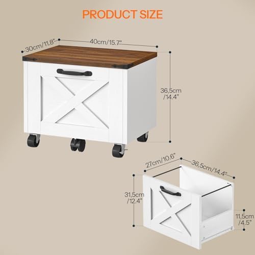 HOOBRO Farmhouse File Cabinet, Small Rolling File Cart Under Desk, 1-Drawer File Cabinet for Home Office, Printer Stand with Drawers, File Organizer Fits A4/Letter Size, White and Walnut, WH34WJ01 - Image 3