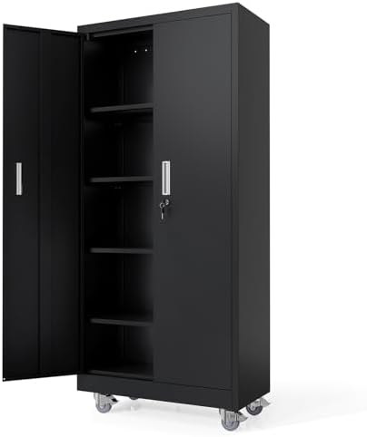 VINGLI Rolling Metal Storage Cabinet with Adjustable Shelves, 71'' Tall Garage Storage Cabinet with Wheels, Locking Tool Cabinets for Home Office Garage Gym School (Black) by VINGLI