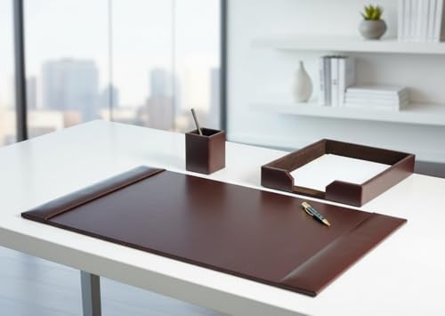 Dacasso Brown Bonded Leather Luxury 3 Piece Desk Set - Blotter Pad & Desk Organization Essentials - Executive Decor and Surface Protector - Image 3