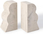 Koville Travertine Bookends for Shelves, Large Bookends for Heavy Books, Non-Slip Heavy Duty Book Stopper for CD/Movies, Aesthetic Decorative Wave Book Ends for KitchenTable Home Decor(Beige) by Koville