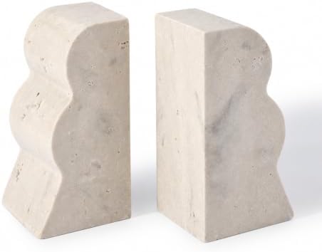 Koville Travertine Bookends for Shelves, Large Bookends for Heavy Books, Non-Slip Heavy Duty Book Stopper for CD/Movies, Aesthetic Decorative Wave Book Ends for KitchenTable Home Decor(Beige) by Koville