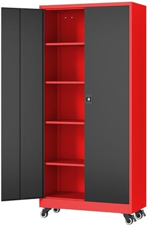 Fesbos Metal Rolling Storage Cabinet-74.6” Tall Steel File Cabinets with Wheels Lockable Doors and Adjustable Shelves-Black & Red Steel Storage Cabinet for Home, School, Office, Garage by Fesbos