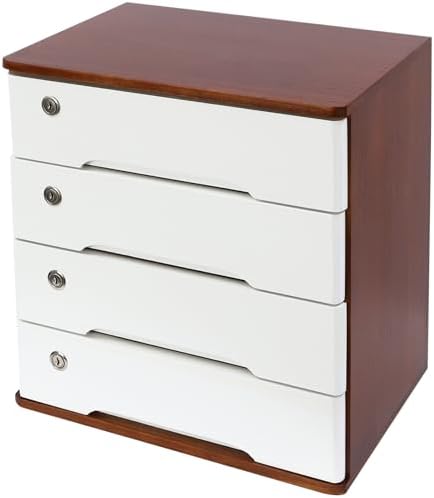 Wood Desk Organizer with 4 Drawers, Lockable Desktop Countertop Storage Cabinet for Home Office Supplies File Tabletop Storage Box, 15.75" x 11.02" x 15.94" (Dark Brown + White) by iSamLam