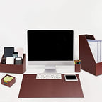 Office Supplies PU Leather 6-Piece Desk Organizer with Writing Pad, Letter Tray, File Folder Sorter, Pen Cup, Note Holder, Business Card Holder - Brown - Image 2