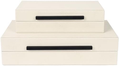 Beige Shagreen Decorative Storage Boxes – Set of 2 Faux Leather Jewelry & Memory Boxes with Black Metal Handles, Nesting Photo Organizers for Home Decor, Gift, and Office Organization by ZIKOUL