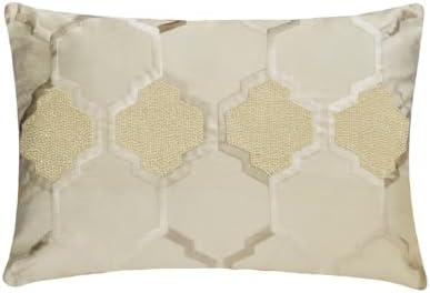 The HomeCentric Handmade Ivory 12"x16" (30x40 cm) Lumbar Pillow Cover, Jacquard Lattice, Trellis, Embroidered & Beaded Oblong Pillow, Geometric Pattern Modern Style - Aafreen by TheHomeCentric