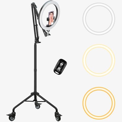 LUXSURE Ring Light Tripod for iPhone,Ring Light with Stand and Phone Holder,LED Overhead Camera Mount with Casters,Phone Tripod with Light and Remote for Video Recor by LUXSURE