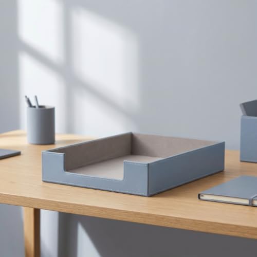 Desk File Tray Leather Document Holder Paper Letter Organizer with Front Notch for A4 Files and Detail Suitable for Office desks Home Studies Hotels, Blue - Image 3