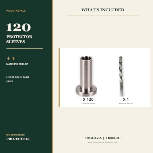 HYPERGIANT 120 Pack Cable Railing Protector Sleeves for 5/32 or 3/16 Inch Wire Rope, T316 Stainless Steel Wood/Composite Post Protective Sleeves for Deck Stair Railing with 1 Drill Bit - Image 7