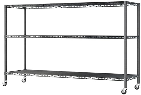 3 Tier Storage Racks Shelving, Heavy Steel Pantry Shelves, Adjustable Wire Shelving Rack with Wheels, Suitable for Garage, Kitchens, Offices, 46" W x 17.7" D x 41" H, Black - Image 3