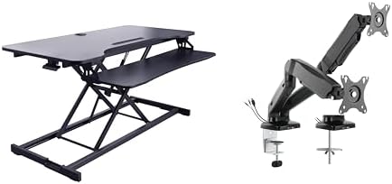 Rocelco 43" Height Adjustable Standing Desk Converter with Premium Dual Monitor Arm Mount - Tall Stand Up Tabletop Riser and Tablet Slot - Computer Workstation - Keyboard Tray - Black (R VADRB-43-MA2) by Rocelco