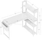 Treesland 47 Inch Computer Desk with Bookshelf, Corner Desk with Storage, L Shaped Desk, Home Office Desks, Writing Study Desk for Bedroom, White - Image 3