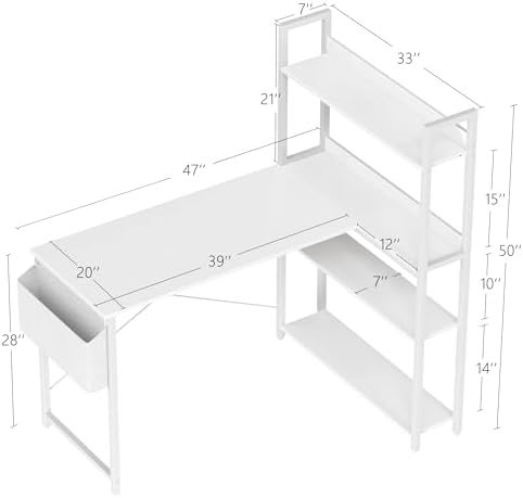Treesland 47 Inch Computer Desk with Bookshelf, Corner Desk with Storage, L Shaped Desk, Home Office Desks, Writing Study Desk for Bedroom, White - Image 3