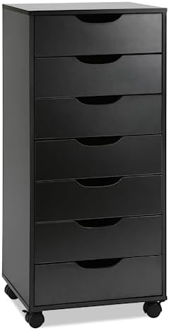 TUSY 7 Drawer File Cabinet with Wheels, Mobile Wood Storage Cabinet for Home Office, Rolling Drawer Organizer for Office Supplies, Printer Stand, Black by TUSY