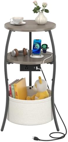 sthemc 3-Tier Small Round End Table Livingroom with Charging Station,Basket by Unknown