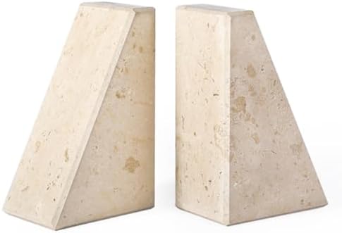 Karibiber Marble Bookends for Heavy Books, Decorative Book Ends for Shelves, Beige Stone Durable and Heavy-Duty Book Ends for Hardback Books & CDS, Unique Book Stopper & Holder, Set of 2 by Karibiber