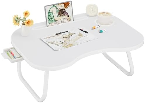 Lap Desk for Laptop Bed Trays for Eating and Laptops Breakfast in Bed Laptop Stand TV Trays for Bed with Cup Holder/Drawer for Sofa/Couch Portable Foldable (White, L(23×16")+Drawer) by Unknown