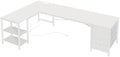 Huuger 63 Inch L Shaped Desk with Fabric Drawers, Reversible Computer Gaming Desk with Power Outlets and USB-C Port, Adjustable Side Storage Shelves, for Work Study Corner Home Office, White by Huuger