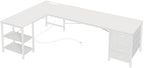 Huuger 63 Inch L Shaped Desk with Fabric Drawers, Reversible Computer Gaming Desk with Power Outlets and USB-C Port, Adjustable Side Storage Shelves, for Work Study Corner Home Office, White by Huuger