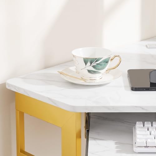 VECELO Corner Desk, Triangle Computer Desk for Small Space with Charging Station and Keyboard Tray, Corner Makeup Table with Storage Shelves for Home Office Bedroom, 41x30, Gold - Image 5