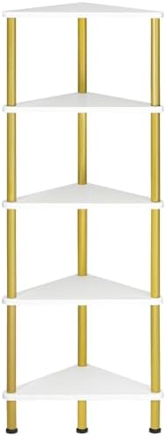 HOOBRO Corner Shelf Stand, Industrial 5-Tier Wall Corner Bookshelf with Metal Frame, Plant Display Shelf, Bookcase for Small Spaces, Bedroom, Living Room, White and Gold DW33CJ01 by HOOBRO