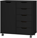 Panana 5-Drawer Chest with 1 Door, Wooden Chest of Drawers Storage Dresser Cabinet with Wheels, Office Organization and Storage, Bedroom Furniture (Black-S) by Panana
