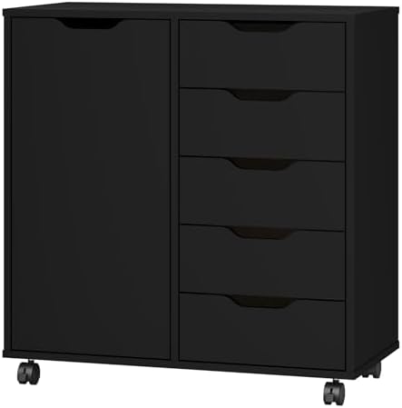 Panana 5-Drawer Chest with 1 Door, Wooden Chest of Drawers Storage Dresser Cabinet with Wheels, Office Organization and Storage, Bedroom Furniture (Black-S) by Panana