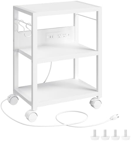MAHANCRIS Industrial Printer Cart, 3-Tier Mobile Printer Stand, Rolling Cart with 2 AC Outlets and 2 USB Ports, Home Printer Stand with 2 Hooks, for Office, Living Room, White PTWT40E01 by MAHANCRIS