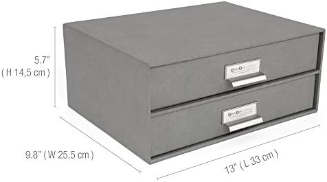 Bigso Box of Sweden Birger 2-Drawer Fiberboard Label Frame Document Letter Box for Loose Papers, Documents and More | Desktop Storage Drawers w/Metal Label Holder | 13.1" x 10" x 5.7" | Grey - Image 3