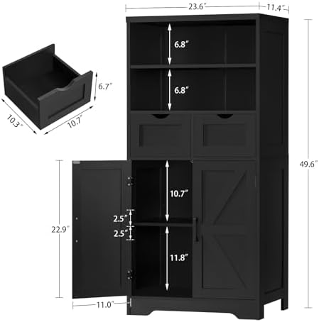TEENFON Storage Cabinet with Doors & 2 Drawers, Kitchen Cabinet with Adjustable Shelf, Pantry Cabinets, Bathroom Cabinets, for Living Room, Entryway, Home Office, Black - Image 3