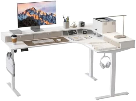 CubiCubi 63"x48" L Shaped Standing Desk with Drawers & Shelf, Warm White by CubiCubi