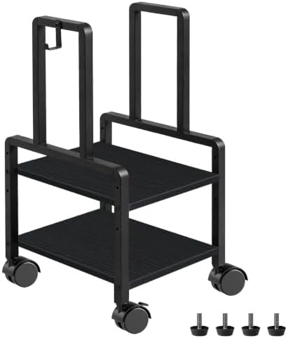 Adjustable 2-Tier PC Stand, Computer Tower Stand with 360° Locking Wheels & Hooks, CPU Cart for Floor, Carpet and Under Desk, 15.2" x 11.8" x 26", Black by Unknown