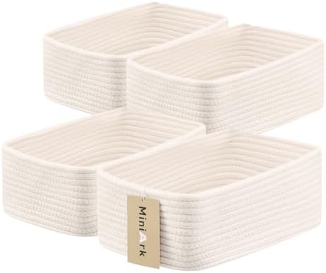 MiniArk Small Storage Baskets for Organizing | Closet Organizer Bins | Shelf Toy Basket | Woven Rope Baskets | Cube Decorative Box | Shallow Basket | 11.5x7.5x4.7” | 4 Packs Off White by MiniArkStorageBasketsHome